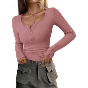 imagePRETTYGARDEN Womens 2025 Spring Long Sleeve Henley T Shirts Ribbed Knit Button Up Slim Fitted Basic Casual Going Out TopsGrey Pink