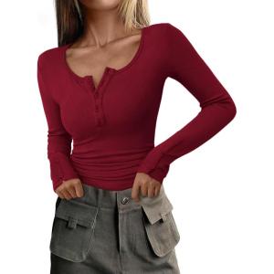 imagePRETTYGARDEN Womens 2025 Spring Long Sleeve Henley T Shirts Ribbed Knit Button Up Slim Fitted Basic Casual Going Out TopsWine Red
