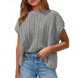 imagePRETTYGARDEN Womens Sweater Vest 2025 Summer Short Sleeve Tops Casual Crewneck Knit Pullover Trendy Spring OutfitsGrey
