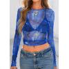 imagePRETTYGARDEN Womens Mesh Long Sleeve Top 2025 Trendy Spring See Through Sheer Blouse Leopard Fitted Going Out Layering ShirtsFloral Brilliant Blue