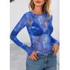 imagePRETTYGARDEN Womens Mesh Long Sleeve Top 2025 Trendy Spring See Through Sheer Blouse Leopard Fitted Going Out Layering ShirtsFloral Brilliant Blue