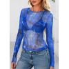 imagePRETTYGARDEN Womens Mesh Long Sleeve Top 2025 Trendy Spring See Through Sheer Blouse Leopard Fitted Going Out Layering ShirtsFloral Brilliant Blue