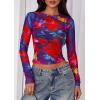 imagePRETTYGARDEN Womens Mesh Long Sleeve Top 2025 Trendy Spring See Through Sheer Blouse Leopard Fitted Going Out Layering ShirtsFloral Navy Red