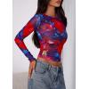imagePRETTYGARDEN Womens Mesh Long Sleeve Top 2025 Trendy Spring See Through Sheer Blouse Leopard Fitted Going Out Layering ShirtsFloral Navy Red