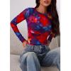 imagePRETTYGARDEN Womens Mesh Long Sleeve Top 2025 Trendy Spring See Through Sheer Blouse Leopard Fitted Going Out Layering ShirtsFloral Navy Red