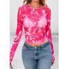 imagePRETTYGARDEN Womens Mesh Long Sleeve Top 2025 Trendy Spring See Through Sheer Blouse Leopard Fitted Going Out Layering ShirtsFloral Rose Red