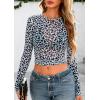 imagePRETTYGARDEN Womens Mesh Long Sleeve Top 2025 Trendy Spring See Through Sheer Blouse Leopard Fitted Going Out Layering ShirtsLeopard Light Blue