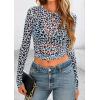imagePRETTYGARDEN Womens Mesh Long Sleeve Top 2025 Trendy Spring See Through Sheer Blouse Leopard Fitted Going Out Layering ShirtsLeopard Light Blue