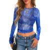 imagePRETTYGARDEN Womens Mesh Long Sleeve Top 2025 Trendy Spring See Through Sheer Blouse Leopard Fitted Going Out Layering ShirtsFloral Brilliant Blue
