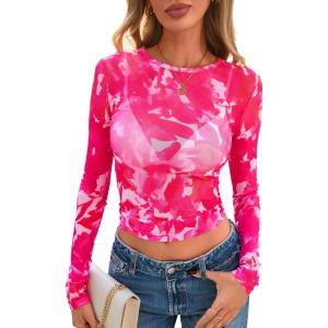 imagePRETTYGARDEN Womens Mesh Long Sleeve Top 2025 Trendy Spring See Through Sheer Blouse Leopard Fitted Going Out Layering ShirtsFloral Rose Red