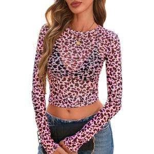 imagePRETTYGARDEN Womens Mesh Long Sleeve Top 2025 Trendy Spring See Through Sheer Blouse Leopard Fitted Going Out Layering ShirtsLeopard Pink
