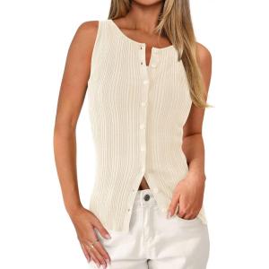 imagePRETTYGARDEN Womens Ribbed Tank Tops Summer 2025 Open Front Button Down Sleeveless Shirts Going Out Spring Fashion Vest TopsApricot