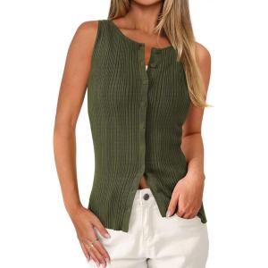 imagePRETTYGARDEN Womens Ribbed Tank Tops Summer 2025 Open Front Button Down Sleeveless Shirts Going Out Spring Fashion Vest TopsArmy Green