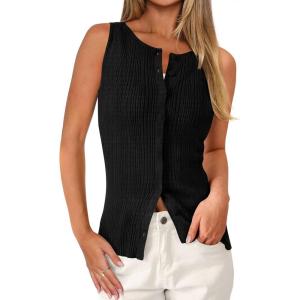 imagePRETTYGARDEN Womens Ribbed Tank Tops Summer 2025 Open Front Button Down Sleeveless Shirts Going Out Spring Fashion Vest TopsBlack