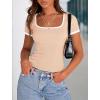 imagePRETTYGARDEN Womens Summer Short Sleeve T Shirts Ribbed Knit Square Neck Color Block Slim Fit Basic Casual Crop Tops BlousesApricot