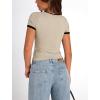 imagePRETTYGARDEN Womens Summer Short Sleeve T Shirts Ribbed Knit Square Neck Color Block Slim Fit Basic Casual Crop Tops BlousesBeige