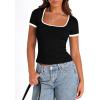 imagePRETTYGARDEN Womens Summer Short Sleeve T Shirts Ribbed Knit Square Neck Color Block Slim Fit Basic Casual Crop Tops BlousesBlack