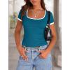 imagePRETTYGARDEN Womens Summer Short Sleeve T Shirts Ribbed Knit Square Neck Color Block Slim Fit Basic Casual Crop Tops BlousesDark Blue