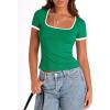 imagePRETTYGARDEN Womens Summer Short Sleeve T Shirts Ribbed Knit Square Neck Color Block Slim Fit Basic Casual Crop Tops BlousesGreen