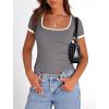 imagePRETTYGARDEN Womens Summer Short Sleeve T Shirts Ribbed Knit Square Neck Color Block Slim Fit Basic Casual Crop Tops BlousesGrey