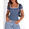 imagePRETTYGARDEN Womens Summer Short Sleeve T Shirts Ribbed Knit Square Neck Color Block Slim Fit Basic Casual Crop Tops BlousesGrey Blue