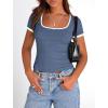 imagePRETTYGARDEN Womens Summer Short Sleeve T Shirts Ribbed Knit Square Neck Color Block Slim Fit Basic Casual Crop Tops BlousesGrey Blue