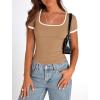 imagePRETTYGARDEN Womens Summer Short Sleeve T Shirts Ribbed Knit Square Neck Color Block Slim Fit Basic Casual Crop Tops BlousesKhaki