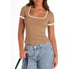 imagePRETTYGARDEN Womens Summer Short Sleeve T Shirts Ribbed Knit Square Neck Color Block Slim Fit Basic Casual Crop Tops BlousesKhaki