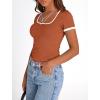 imagePRETTYGARDEN Womens Summer Short Sleeve T Shirts Ribbed Knit Square Neck Color Block Slim Fit Basic Casual Crop Tops BlousesRust Red