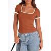 imagePRETTYGARDEN Womens Summer Short Sleeve T Shirts Ribbed Knit Square Neck Color Block Slim Fit Basic Casual Crop Tops BlousesRust Red
