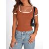 imagePRETTYGARDEN Womens Summer Short Sleeve T Shirts Ribbed Knit Square Neck Color Block Slim Fit Basic Casual Crop Tops BlousesRust Red