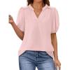 imagePRETTYGARDEN Womens Casual Summer Tops 2025 V Neck Short Puff Sleeve Pleated Cotton T Shirts Loose Dressy BlousesPink