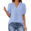 imagePRETTYGARDEN Womens Casual Summer Tops 2025 V Neck Short Puff Sleeve Pleated Cotton T Shirts Loose Dressy BlousesSky Blue