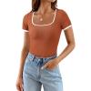 imagePRETTYGARDEN Womens Summer Short Sleeve T Shirts Ribbed Knit Square Neck Color Block Slim Fit Basic Casual Crop Tops BlousesRust Red