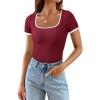 imagePRETTYGARDEN Womens Summer Short Sleeve T Shirts Ribbed Knit Square Neck Color Block Slim Fit Basic Casual Crop Tops BlousesWine Red