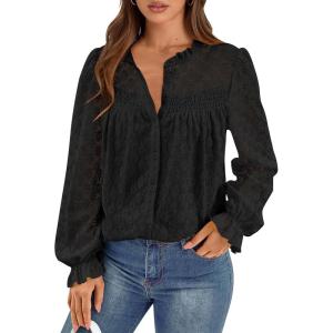 imagePRETTYGARDEN Lace Long Sleeve Tops for Women Eyelet Blouses Dressy Casual Hollow Out Button Down Shirts Spring Fashion 2025Black