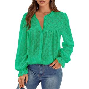 imagePRETTYGARDEN Lace Long Sleeve Tops for Women Eyelet Blouses Dressy Casual Hollow Out Button Down Shirts Spring Fashion 2025Bright Green