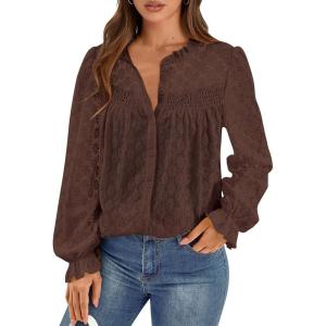 imagePRETTYGARDEN Lace Long Sleeve Tops for Women Eyelet Blouses Dressy Casual Hollow Out Button Down Shirts Spring Fashion 2025Coffee