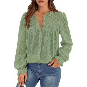 imagePRETTYGARDEN Lace Long Sleeve Tops for Women Eyelet Blouses Dressy Casual Hollow Out Button Down Shirts Spring Fashion 2025Grass Green