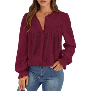 imagePRETTYGARDEN Lace Long Sleeve Tops for Women Eyelet Blouses Dressy Casual Hollow Out Button Down Shirts Spring Fashion 2025Jujube Red