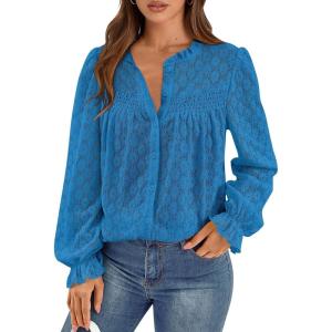 imagePRETTYGARDEN Lace Long Sleeve Tops for Women Eyelet Blouses Dressy Casual Hollow Out Button Down Shirts Spring Fashion 2025Lake Blue