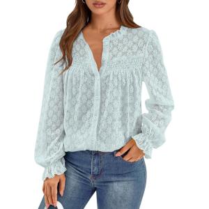 imagePRETTYGARDEN Lace Long Sleeve Tops for Women Eyelet Blouses Dressy Casual Hollow Out Button Down Shirts Spring Fashion 2025Light Blue