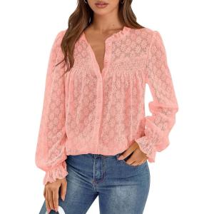 imagePRETTYGARDEN Lace Long Sleeve Tops for Women Eyelet Blouses Dressy Casual Hollow Out Button Down Shirts Spring Fashion 2025Pink