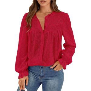 imagePRETTYGARDEN Lace Long Sleeve Tops for Women Eyelet Blouses Dressy Casual Hollow Out Button Down Shirts Spring Fashion 2025Red