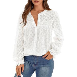 imagePRETTYGARDEN Lace Long Sleeve Tops for Women Eyelet Blouses Dressy Casual Hollow Out Button Down Shirts Spring Fashion 2025White