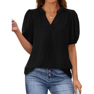 imagePRETTYGARDEN Womens Casual Summer Tops 2025 V Neck Short Puff Sleeve Pleated Cotton T Shirts Loose Dressy BlousesBlack