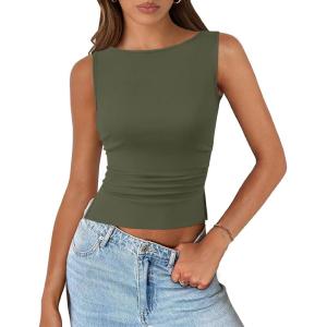 imagePRETTYGARDEN Womens Ribbed Y2K Summer Tank Top Ruched Sleeveless Fitted Crop Tops Split Hem Trendy Party Going Out ShirtArmy Green