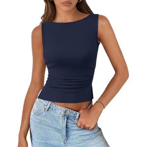 imagePRETTYGARDEN Womens Ribbed Y2K Summer Tank Top Ruched Sleeveless Fitted Crop Tops Split Hem Trendy Party Going Out ShirtNavy