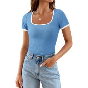 imagePRETTYGARDEN Womens Summer Short Sleeve T Shirts Ribbed Knit Square Neck Color Block Slim Fit Basic Casual Crop Tops BlousesBlue