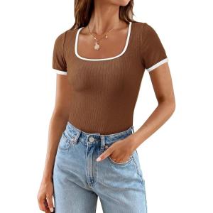 imagePRETTYGARDEN Womens Summer Short Sleeve T Shirts Ribbed Knit Square Neck Color Block Slim Fit Basic Casual Crop Tops BlousesBrown